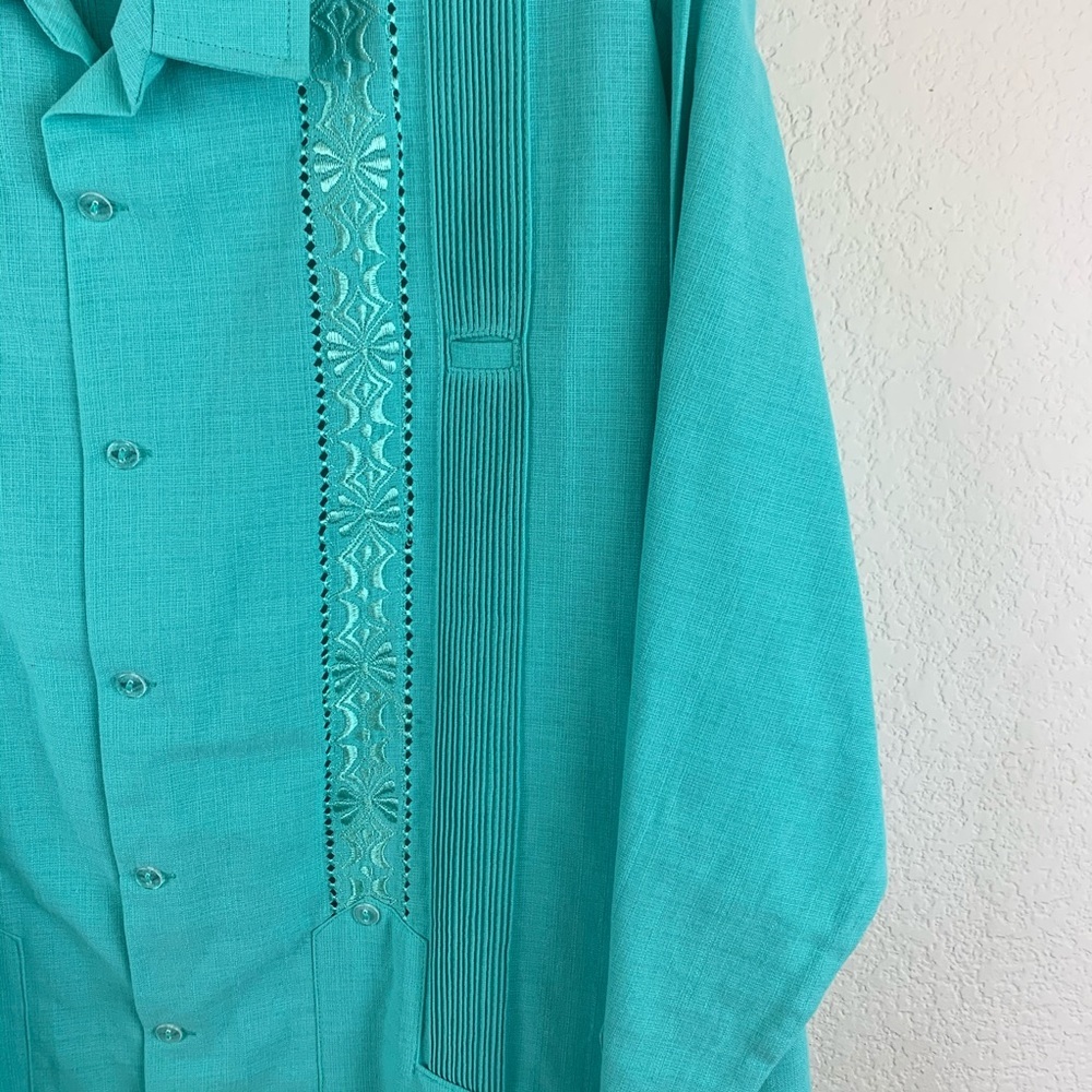 𝅺Guayabera Shirt Long Sleeve 100% Linen Teal NWOT - Picture 7 of 13